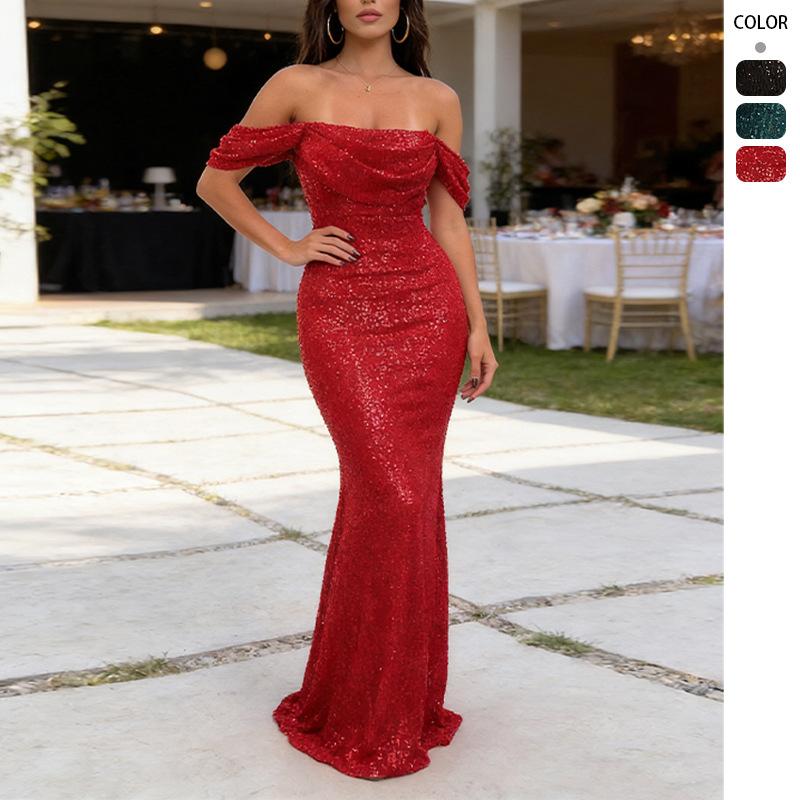 New Party Sequins One-Neck Split Dress INS Casual Fashion Dress Women
