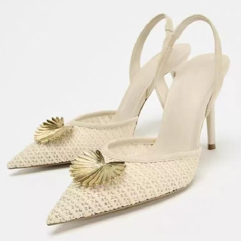 

Women Pumps Comfortable Mesh Pointed Toe High Heels Woman Luxury Metallic Flower Decoration Slingback Shoes 36 бежевый