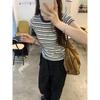 Contrast Striped Right Shoulder Short-sleeved T-shirt for Women Summer New Slim Fit Round Neck Short Top for Small People