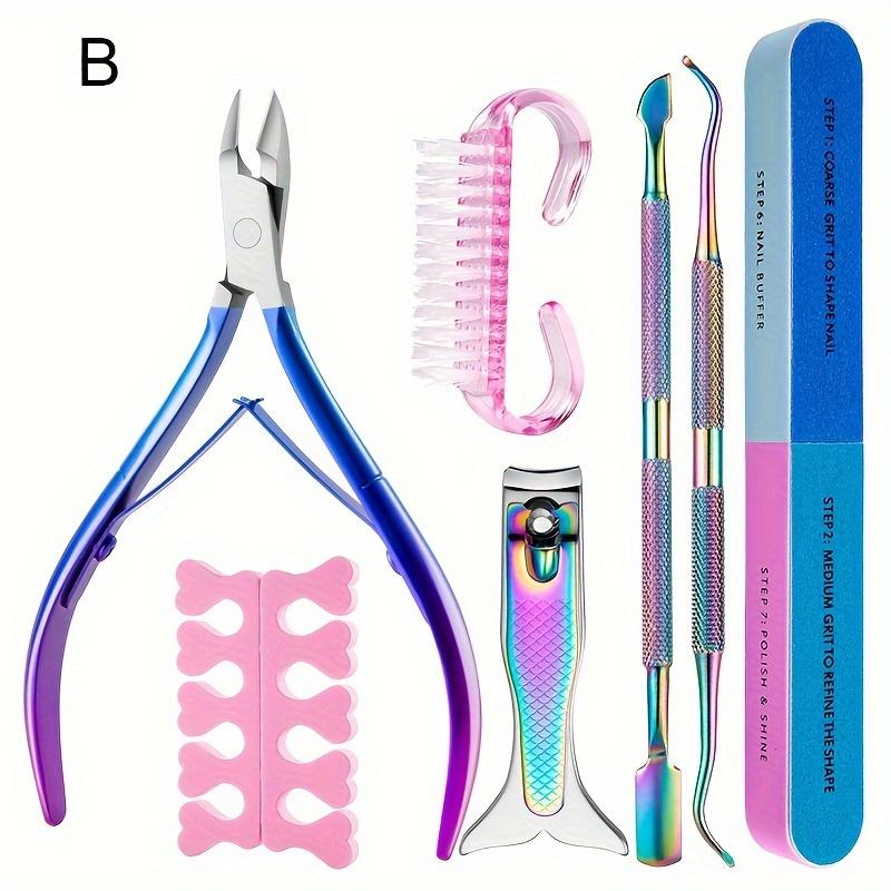 8pcs Manicure Kit Set Rainbow Stainless Steel Nail and Cuticle Clippers Double-sided Nail File Toenail Separator and Cleaning Brush Nail Care Tools