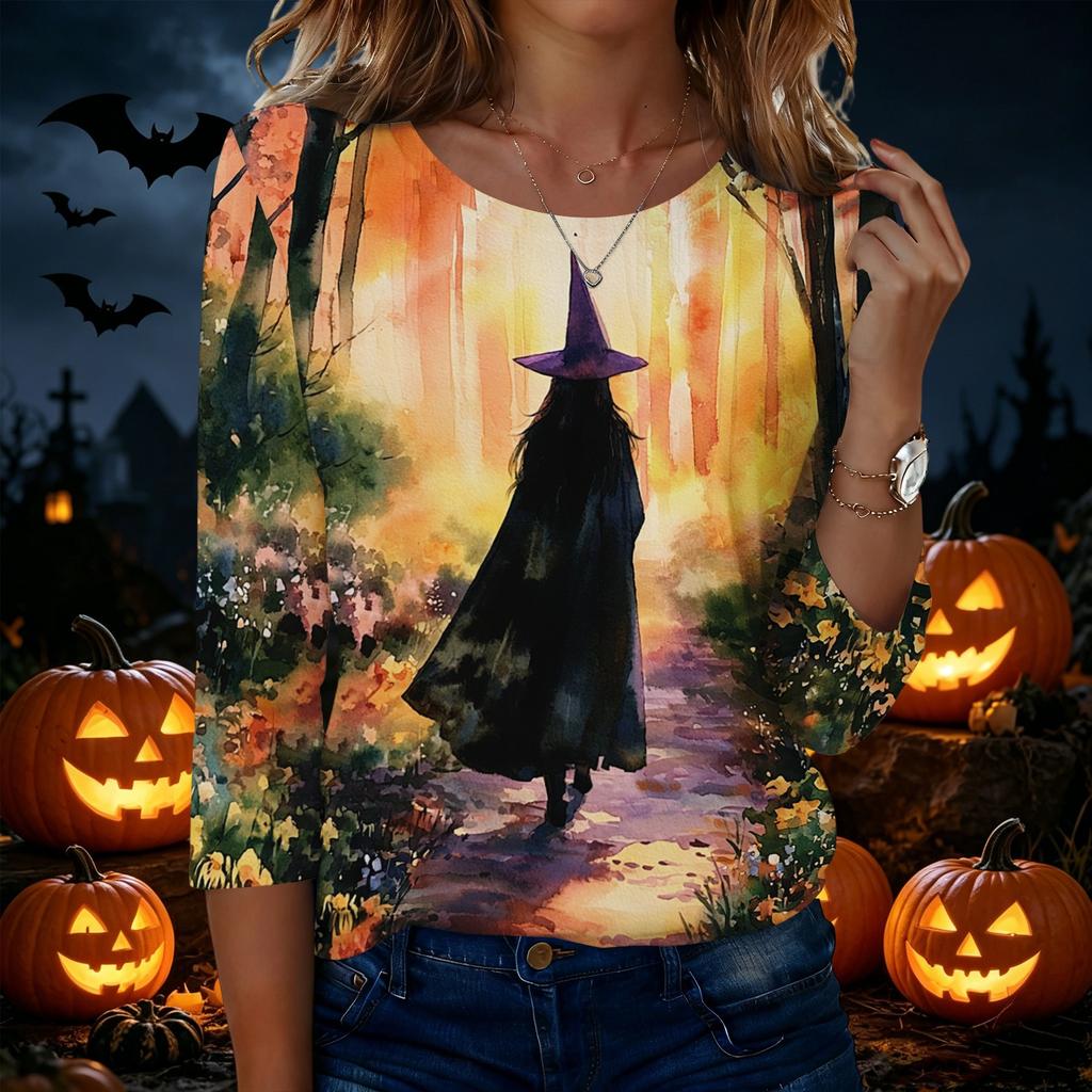 Women's Casual Halloween Print Neck 3/4 Sleeve T-Shirt Top