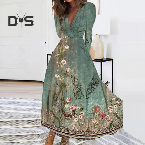 Women Elegant Floral Print Maxi Dress V neck Long Sleeve High Waist Gown Dress A Line Long Dress Streetwear