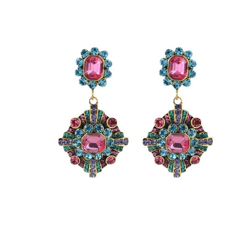 Colorful Geometric Zircon Long Earrings For Women, Sand Plated Vintage High-End Jewelry Gift