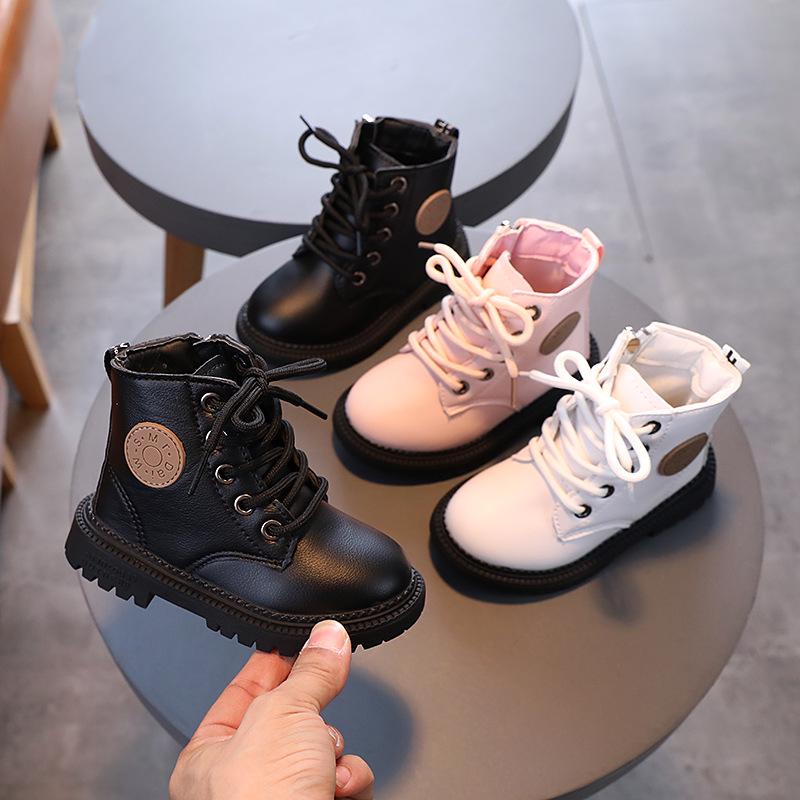 2025 Autumn/Winter British Style Kids' Soft Leather Non-Slip Ankle Boots with Lace-Up and Zipper