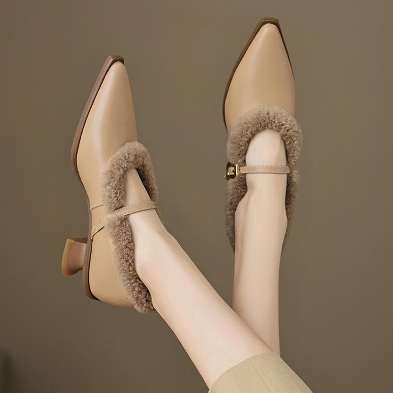 Elegant Metal Buckle Mary Janes Woman Chic Brand Design Fur Women Low Heel Dress Shoes Ladies Winter Warm Plush Belt Pump Zapato