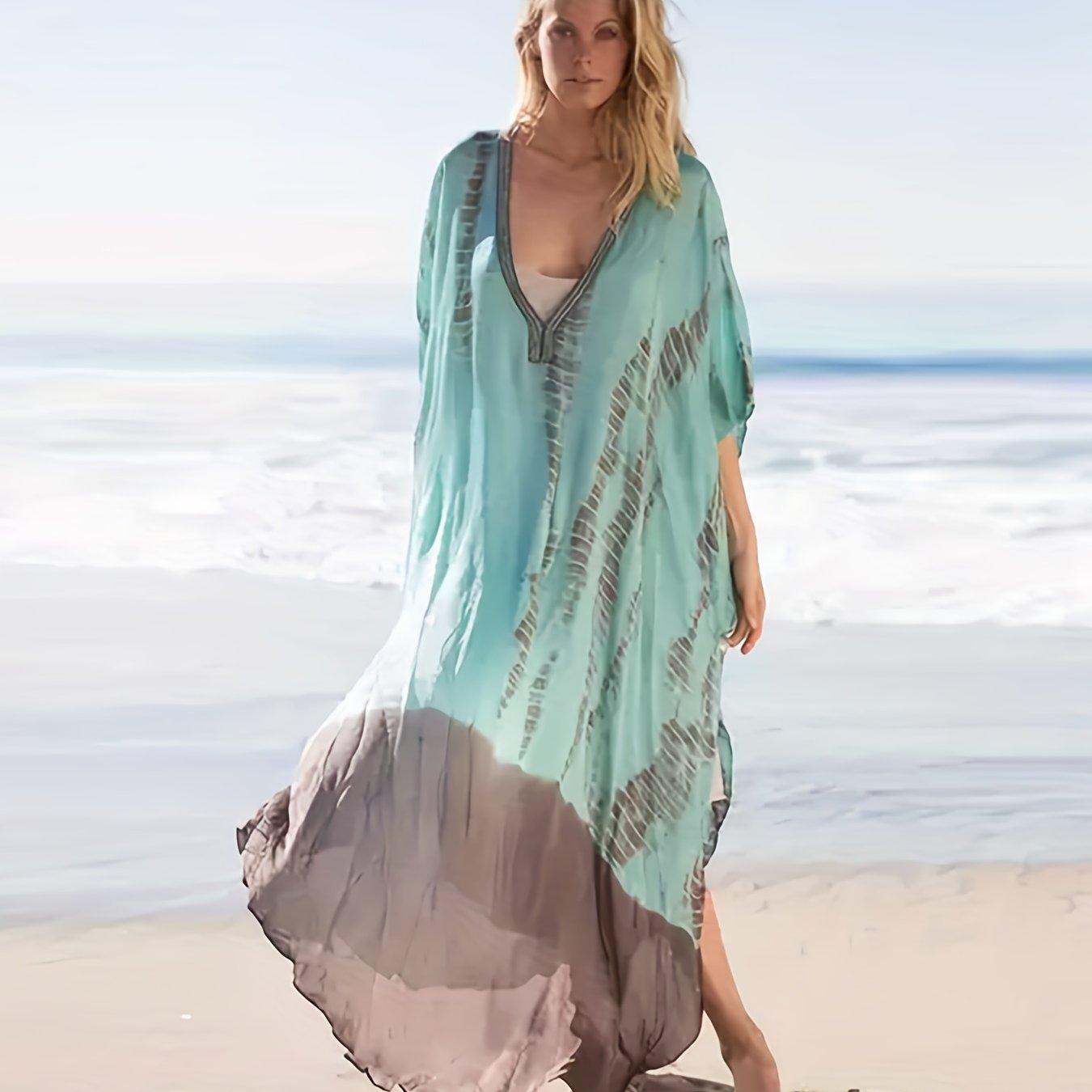 

Накидка в стиле бохо больших размеров, женская пляжная одежда размера плюс с цветными блоками и рукавами «летучая мышь» с v-образным вырезом и круглым подолом, макси-накидка One-size разноцветный