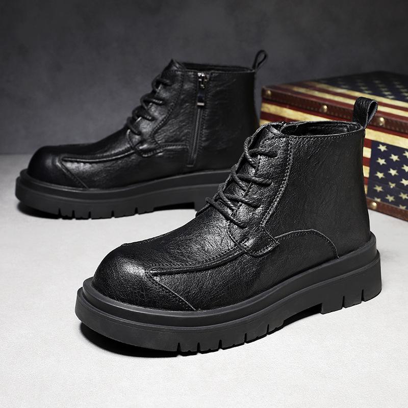 Men's Cowhide Lace-up Martin Boots - Winter Thick Sole, Outdoor Casual, Height-increasing Mid-top Work Shoes