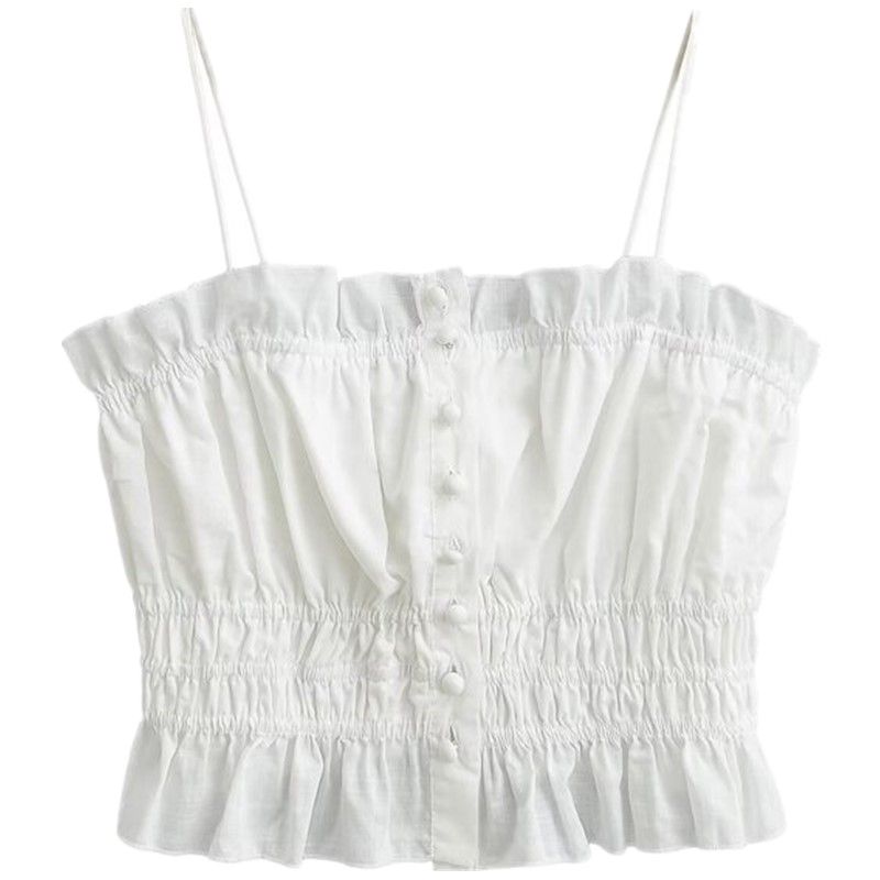 Fashion Style 2024 Summer New Arrival Female Easiest for Match Sweet Girl Wooden Ear Smocking Short Camisole Uwl240053