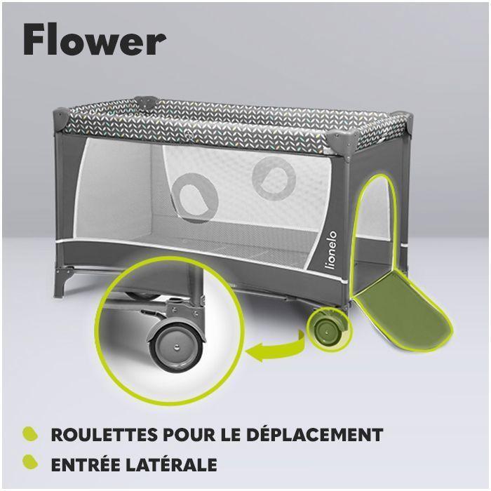 Lit parapluie compact 3en1 LIONELO Flower - Parc bébé - 0-36 mois - Sac de Transport - Pliage Rapide - Roulettes - Gris foncé