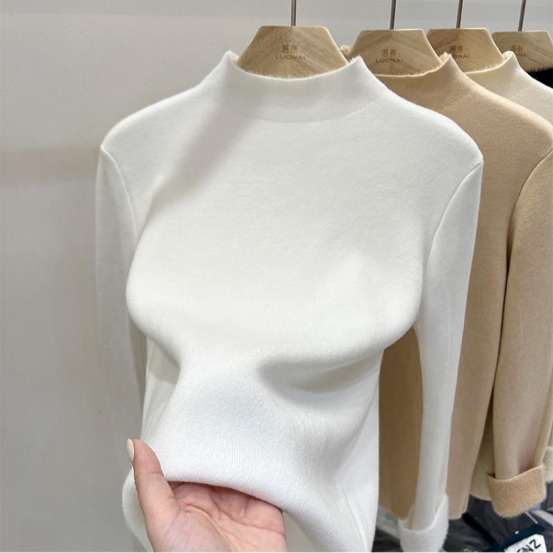 Autumn Half High Collar Slim Fit Warm Knitted Sweater Women Fashion Winter Thick Velvet Base Pullover Sweaters for Women Casual Plush Knitwears 24886
