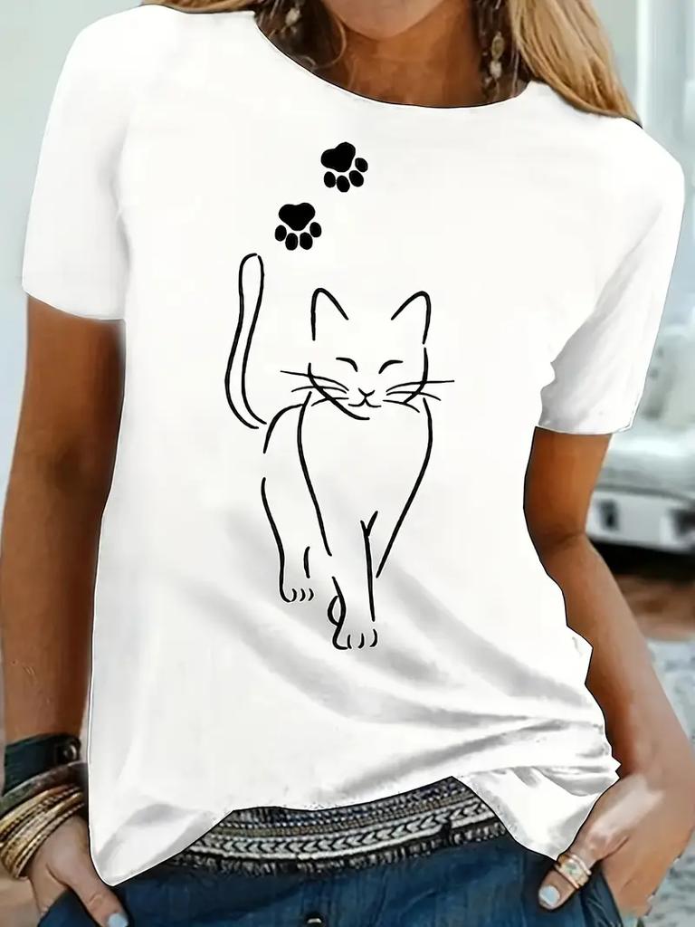 O Neck Top Whimsical Cat Print T Shirt Cat Women Kawaii T-shirt Girl Casual Short Sleeve Summer Female Animal Clothing Tshirt