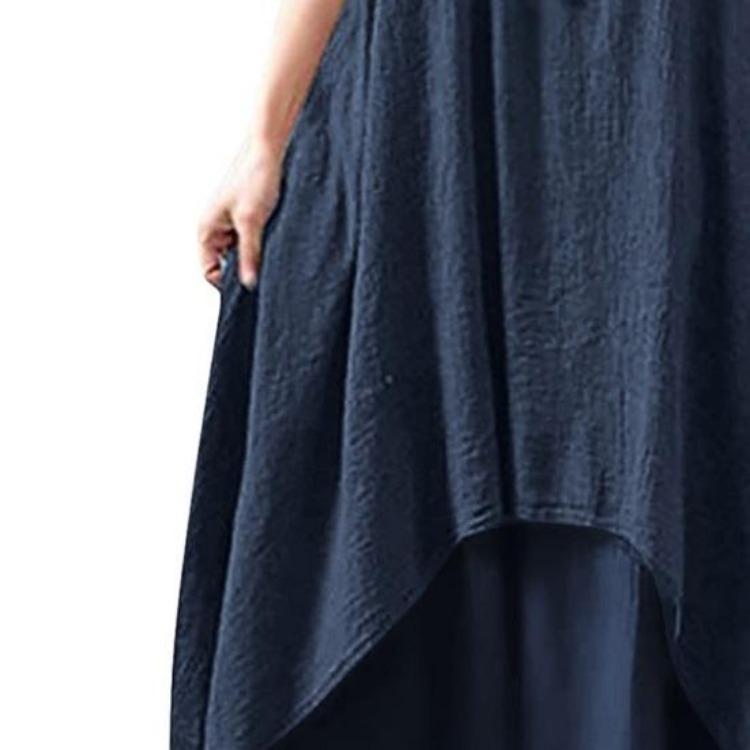 Plus Size Women Maxi Dress Irregular Layered Hem Round Neck Ninth Sleeves with Pockets Loose Beach Dress Solid Color