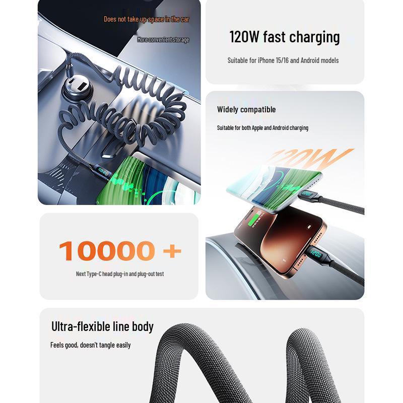 120W Dual Type-C Fast Charging Cable for Apple, Huawei, Vivo, and Oppo - 6A Car Charger Compatible