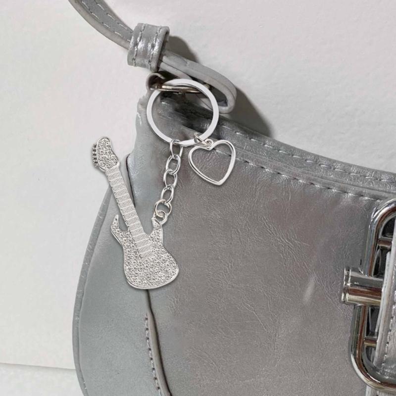 Elegant Full Rhinestones Hollow Metal Guitar Keychain Metal Keyring Pendant for Music Lovers and Fashion Enthusiasts