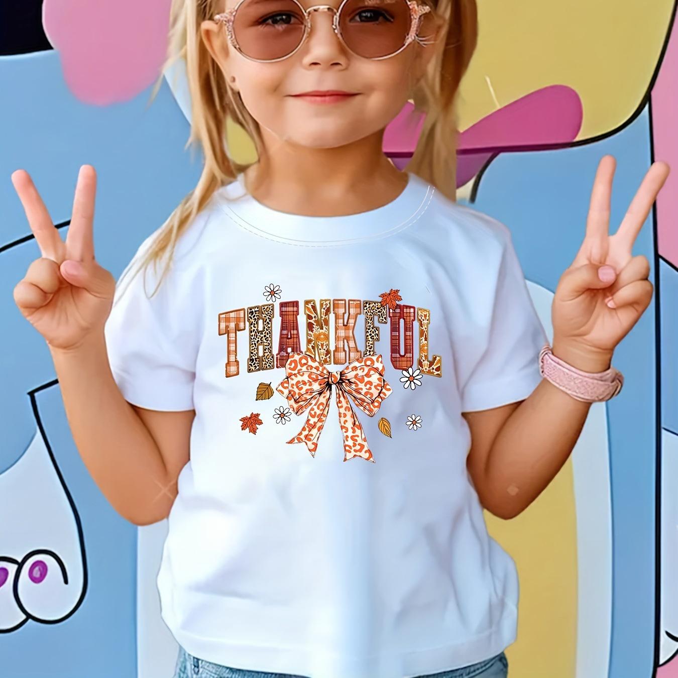 Girls  Casual Thankful Letter Butterfly Knot Pattern T-shirt for Summer, Children s Fashionable Short-sleeved T-shirt 1-2Y белый