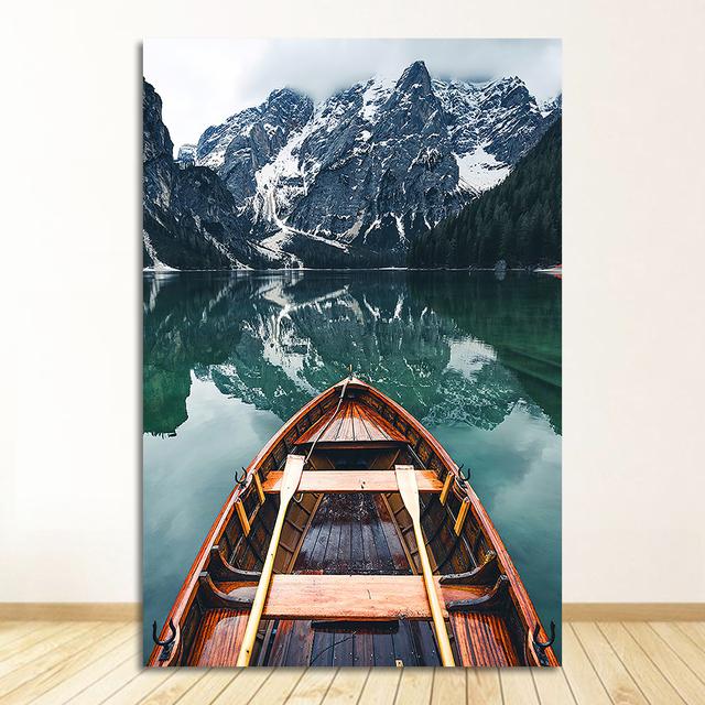 Poster Cerb Animal Lac Barcă Frunze de Crăciun Zăpadă Munte Imprime Pictură Natura Imagine Decor Nordic Peisaj Zăpadă Pădure