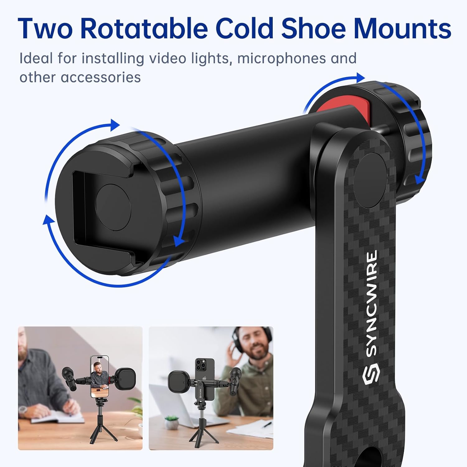 SYNCWIRE Tripod Phone Mount, Universal Smartphone Mount Adapter with 2 Cold Shoe and 1/4  Screw, 360° Rotates and 180° Tilts Adjustable Cell Phone