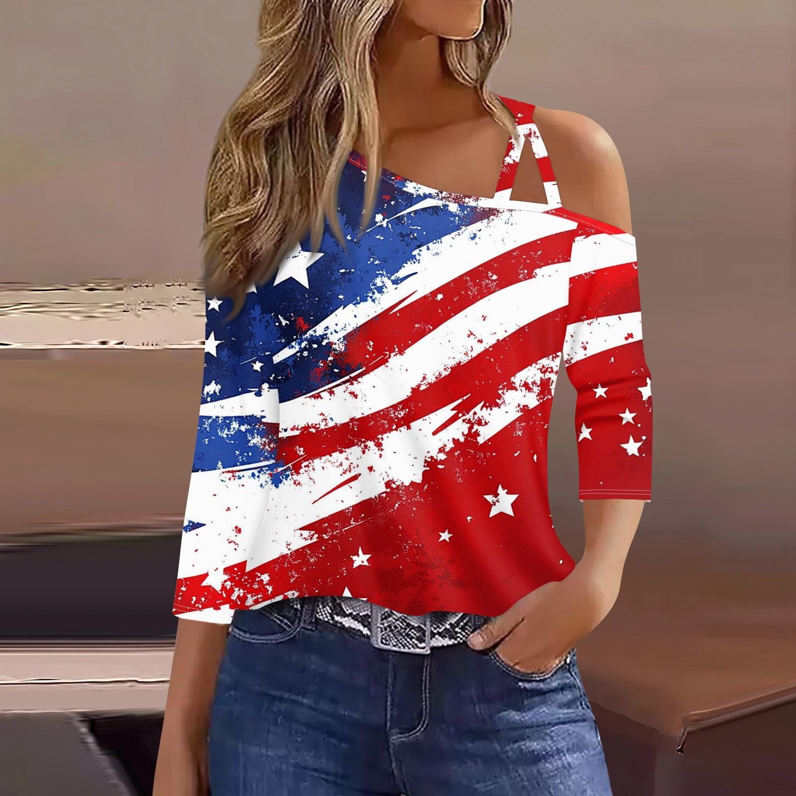 

Women s Fashion Casual Independence Day Print Sexy Cold Shoulder 3/4 Sleeve T-shirt Top M