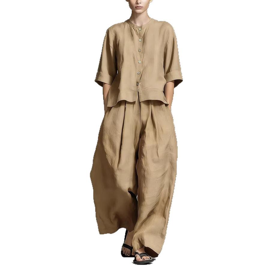 Completo Due Pezzi Donna Primavera/Estate Nuovo Casual Cotone Lino Camicia Pantaloni Larghi