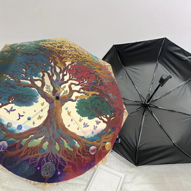 1pc Colorful Tree of Life Yin Yang Umbrella with Plastic Handle,Suitable for All Seasons Home Travel Outdoor UmbrellaDD273