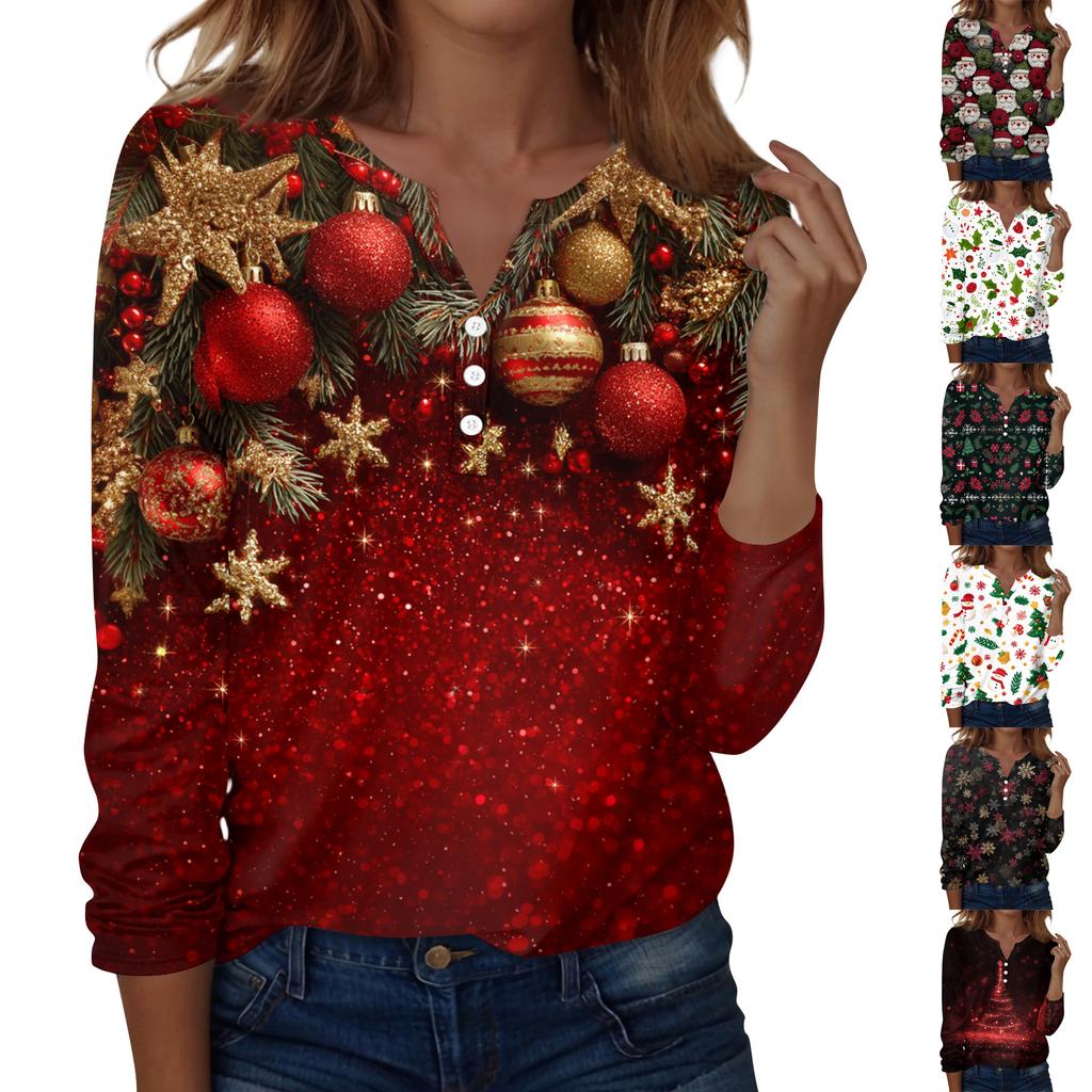 Women's Fashion Casual H Printed V-Neck Long Sleeve Decorative Button T-Shirt Tops