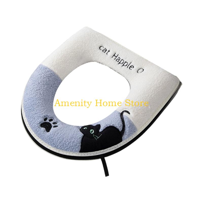 

F26C Cartoon Cats Theme Toilet Protector Soft Plush Toilet Cushion Home Use синий