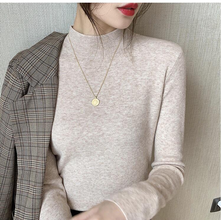 2024 Autumn Winter Women's Lazy Style Long Sleeve Knit Sweater with Half High Neck