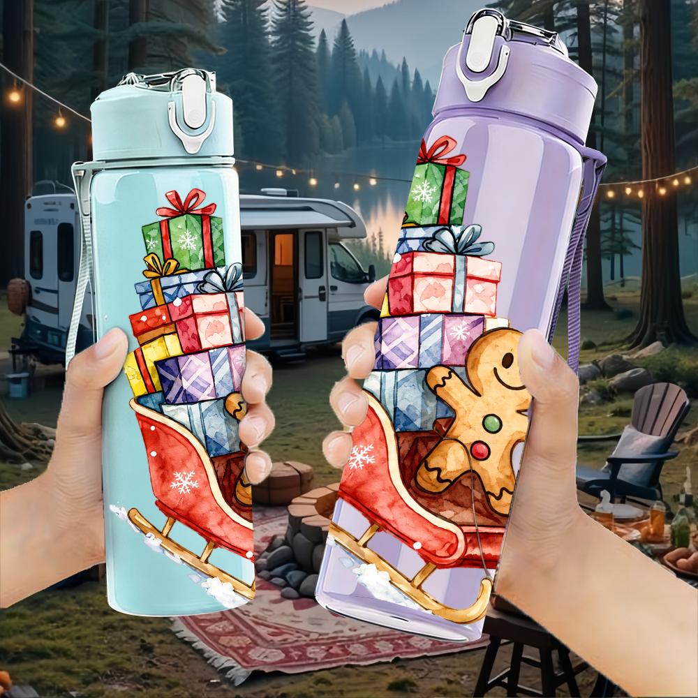 1PC Gingerbread Man Gift Sled Layout 750ml Color Plastic Water Bottle Leakproof Flip Straw Lid For Sports Office Home Use
