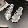 Fashion Shiny Rhinestone Butterfly Slides Women, Black Cross - Strap Sandals, Casual Daily Fashion Footwear