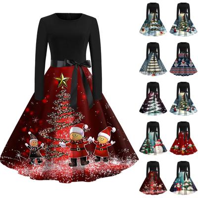 Christmas Print Flare Dress For Women Long Sleeve Dress Hollow Party Casual Dresses