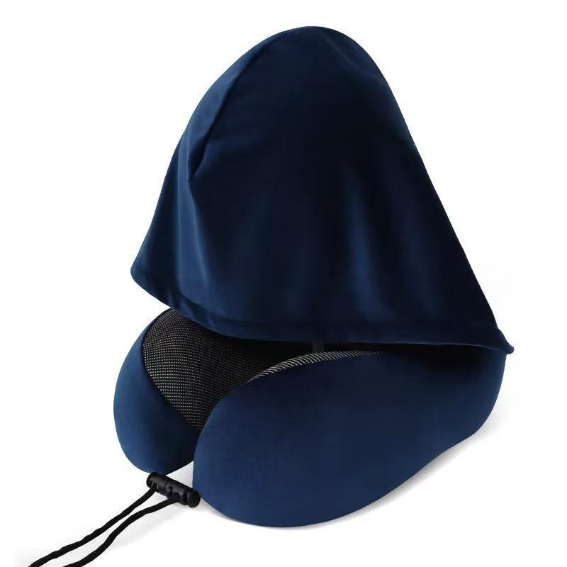 Memory Foam Travel Neck Pillow Soft Hooded Design Adjustable Strap Washable Cover for Flight Camping Nap