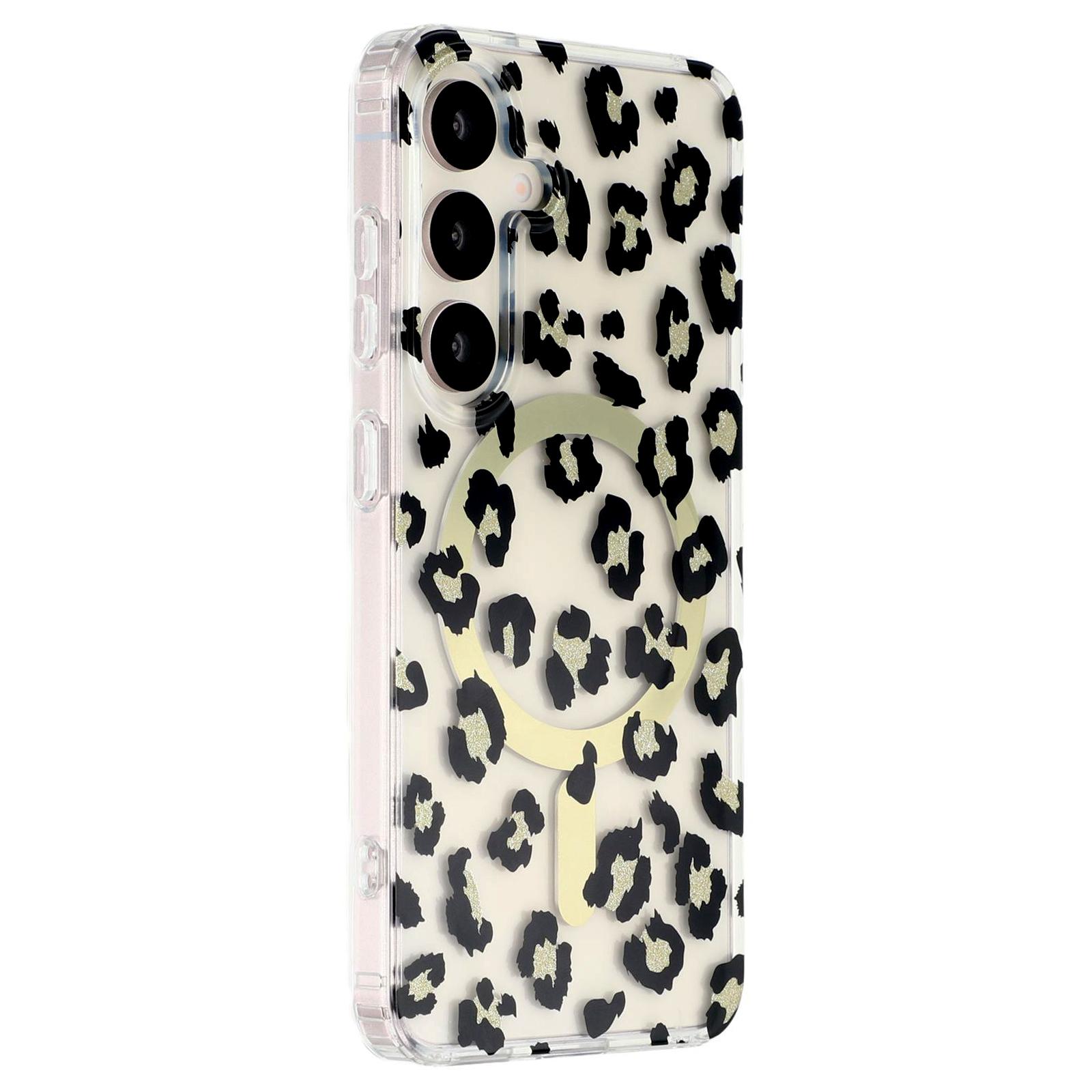 

Для Samsung Galaxy S25 Магнітний Чохол Прозорий Захист від Пожовтіння PC+TPU Задня Кришка Телефону Дизайн з Леопардовим Принтом Black