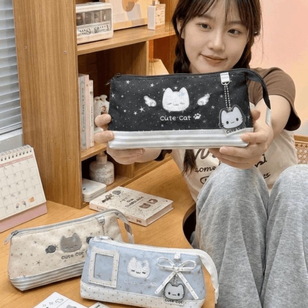 Large Capacity Cat Pattern Pen Case Multi-Layer Stationery Storage Pouch For Teen Students