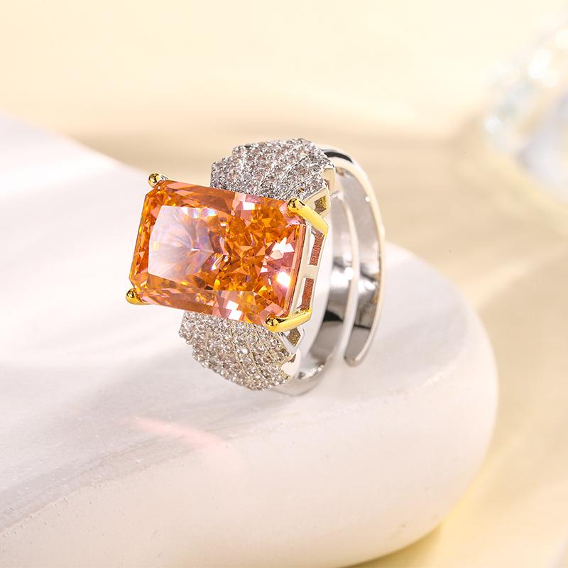 Jewelry Copper Bottom Gold-Plated High Carbon Diamond Ice Flower Copper Inlaid Light Luxury Square Diamond Ring Women 10 * 14