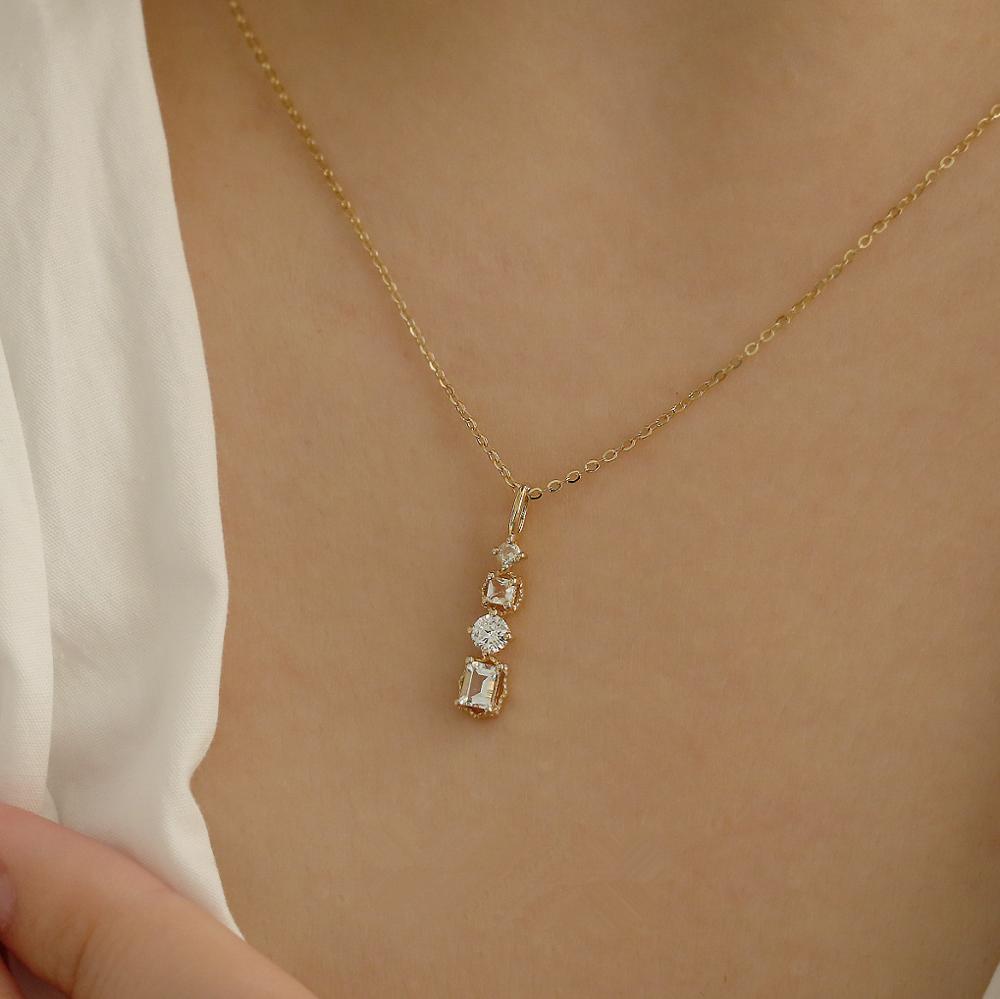 925 Sterling Silver Japanese Square Bar Crystal Pendant 14k Gold Plating Necklace Women Light Luxury Temperament Wedding Jewelry
