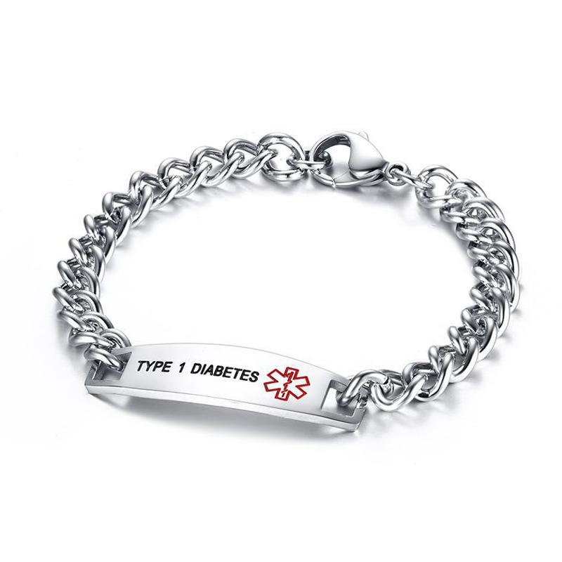 Surgical Stainless Steel Chain Medical Alert ID Bracelets Type 2 Diabetes Medical Bracelet for Women and Men