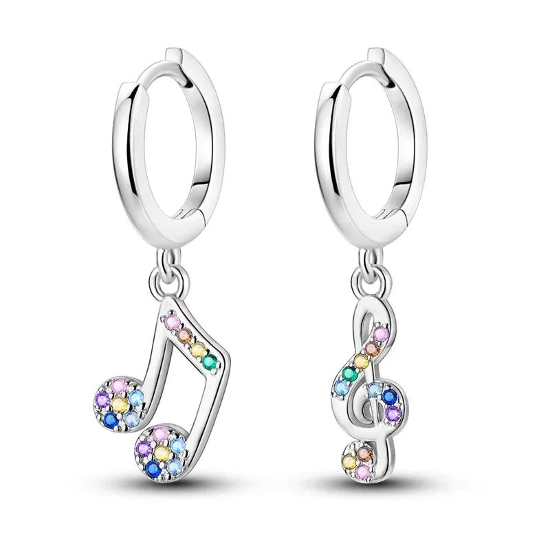 

925 Sterling Silver Music Note & Treble Clef Drop Earrings Rainbow Multicolor CZ Huggie Hoop Earrings Jewelry Gift for Women