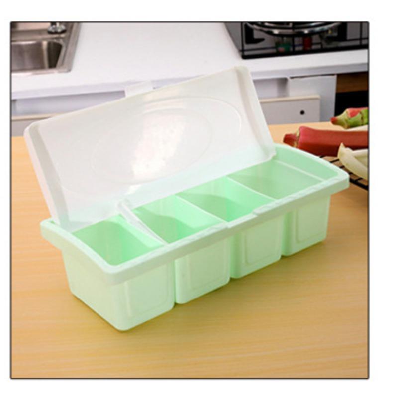 

4-х стильная коробка для ароматизаторов, многофункциональная пластиковая коробка для приправы с солью и глутаматом натрия, кухонный разделитель с ложкой и крышкой, горшок для приправ зелёный