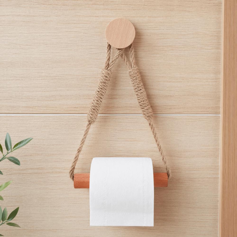 Wall Mounted Toilet Paper Holder Wood  Rope Towel Rack Toilet Roll Holder  Bathroom Kitchen Brdroom