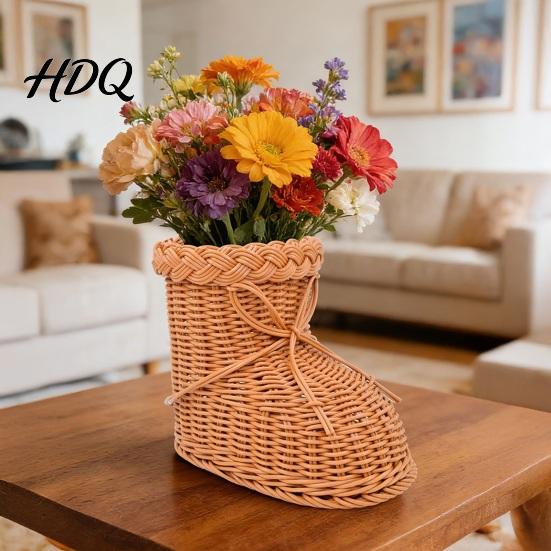 Christmas Scene Decoration Boots Shaped Imitation Rattan Storage Basket Hand Woven Decorative Container Durable Holiday Basket Large Capacity