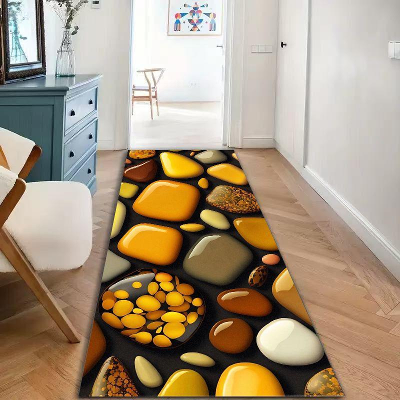 3D Glossy Yellow Pebble Runner Rug, Black Background Smooth Stone Long Hallway Mat Non Slip Washable Entryway Carpet