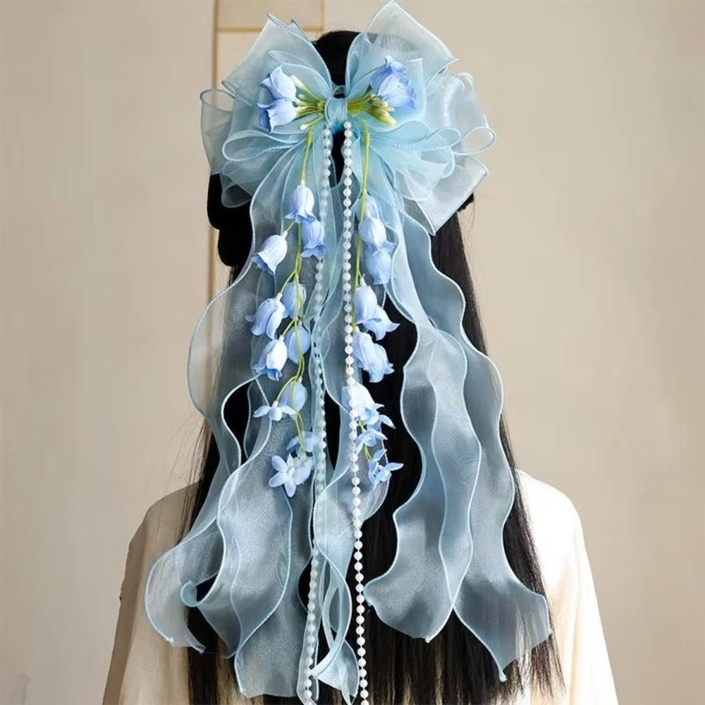 Fashionable Sweet Fairy Flower Hair Clip Long Ribbon Mesh Lace Bow Duckbill Clip Headpieces Silk Gauze Flower Hairpin Bride