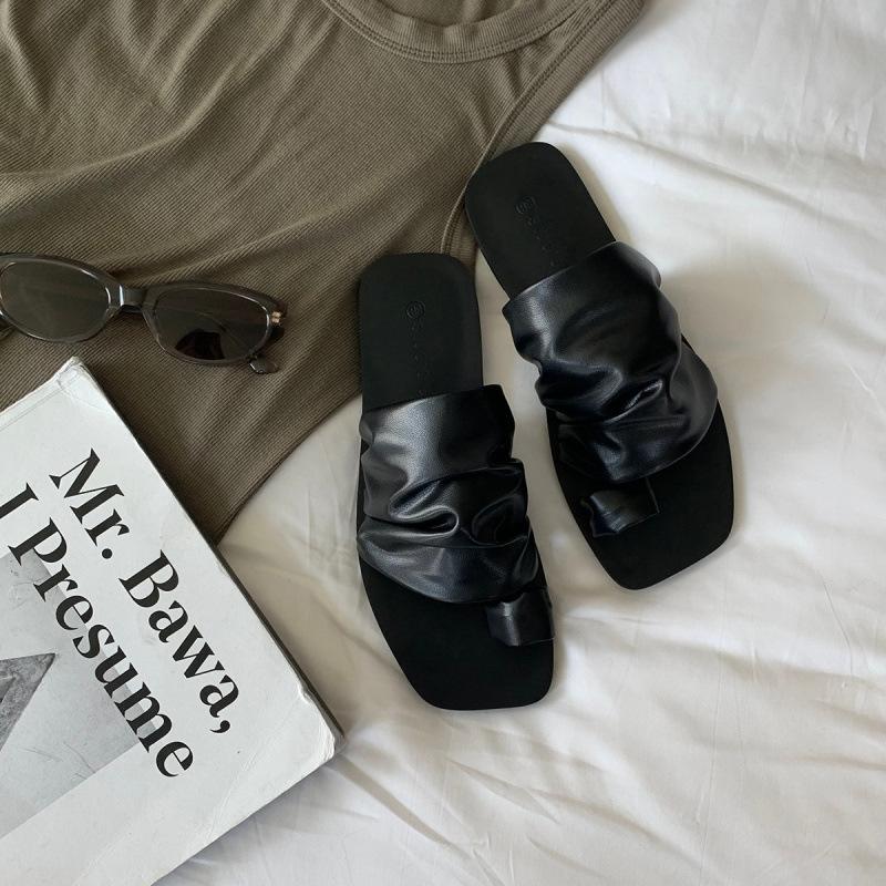 

Shoes leather square head cover toe folds pile flat toe slippers women s outer wear 34 чорний