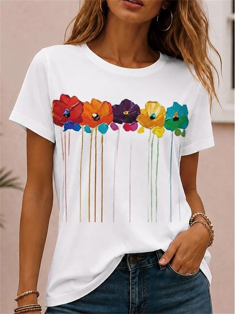 Unisexs Simple Crewneck Shortsleeve Tshirt Elegant Top With Colorful Floral Print Loosefitting Casual Shortsleeve Top