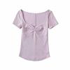 YPFF Women's Trendy Solid Color V-Neck Twist Knot American T-Shirt