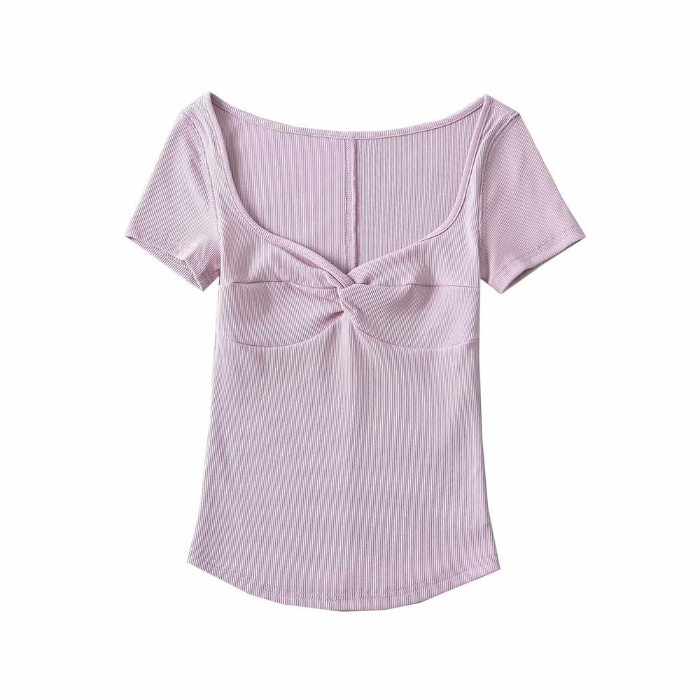 YPFF Женская модная однотонная футболка с V-образным вырезом и узлом-скруткой в американском стиле Medium