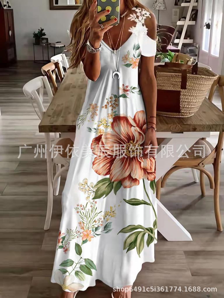 Women's summer new lace suspender v-neck fashion printed loose dress