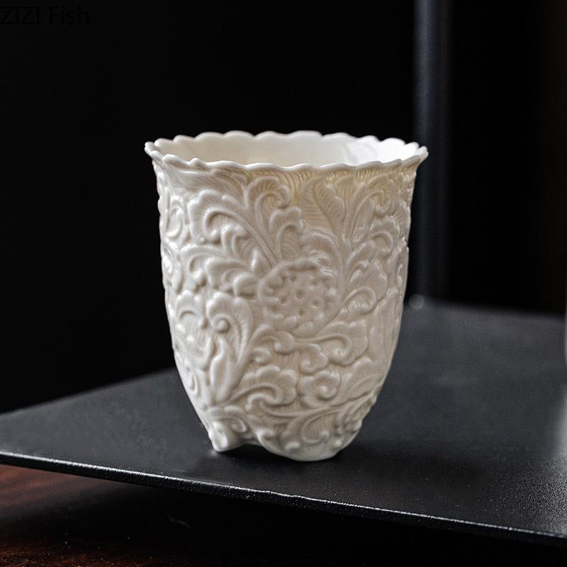 75ml Peony Embossed Ceramic Tea Cup Creative Kung Fu Tea Set Office Study Tea Cup Chinese Tea Ceremony Tea Set Accessories
