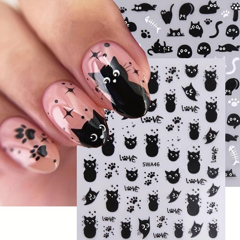 1Pc Black Cat Nail Art Stickers, Halloween Cartoon Animal Self-Adhesive Decals, DIY Nail Salon Art Decorations Animal Print