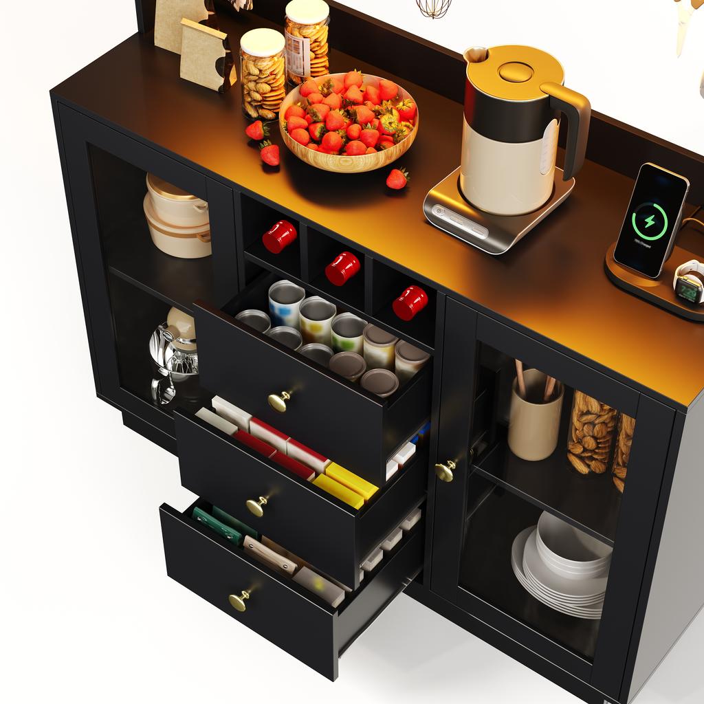 Kitchen Cabinet Tall Storage with LED Lights, Pantry with 3 Drawers and 4 Storage Cabinets, Display for Living Room and Dining Room, 120 × 40 × 170 Cm